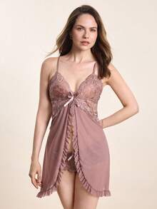 Bộ đồ lót gợi cảm 2 món cổ chữ V viền ren, đồ ngủ sexy cho nữ, áo choàng xẻ cao hở chân. - Màu Khaki - Xem 4