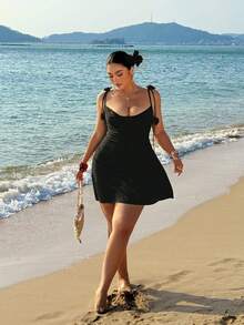Sunnyshic Plus Size Women's 3D Rose Decor Spaghetti Strap Mini Dress,Black,Summer,Beach,Vacation,Holiday Bodycon Backless Ruched Party Cocktail Dress - Black - View 4