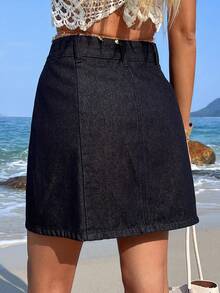 DAZY Falda vaquera de línea A de unicolor para mujer en verano - Azul lavado oscuro - Ver 2