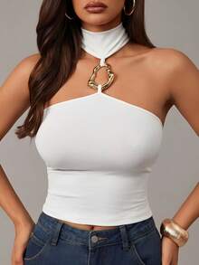 Radiana Women's Elegant White Halter Neck Camisole With Metal Ring Decor,Fitted Stretchy Knit Top For Party Night,Summer,Club,Daily Casual Outings & Vacation - White - View 5