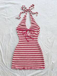 Soleia 女款紅白條紋夏季休閒海灘度假掛脖迷你洋裝，優雅波希米亞風露背抹胸露肩度假風婚禮賓客禮服 - 玫紅色 - 查看 2