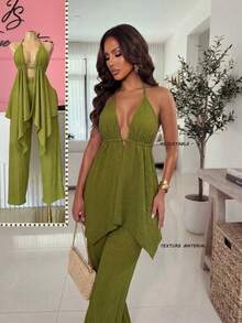 Xyvia Conjunto de dos piezas de primavera/verano nuevo con top bralette de hombros descubiertos con textura elástica en verde oliva elegante y sexy con diseño de bajo asimétrico + pantalones de pierna ancha para vacaciones en la playa. Conjunto de dos piezas de punto para uso festivo (Navidad, Día del Maestro, Carnaval, Pascua, Día de San Valentín, Mes del Orgullo) con estilo de resort, estilo de cóctel ligero, equilibrando la sensualidad con la practicidad diaria. - Verde - Ver 1