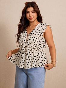 Elaquor Plus Size Women Polka Dot Tie Ruched Casual Versatile Daily Wear Shirt Casual Vacation Polka Dot Blouse For Women - Apricot - View 4