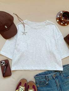 Comfortcana Kaos Wanita Lengan Pendek Warna Abu-abu Muda Kasual Kerah Bulat, Musim Panas - Grey - View 4