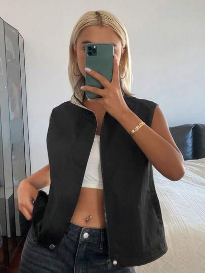 DAZY Color Block Loose Sleeveless Jacket, Casual Resort Summer Vest For Women
