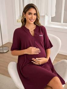 Moonlight&Mama 女士休闲简约字母刺绣V领中袖孕妇连衣裙 - 酒紅色 - 查看 3