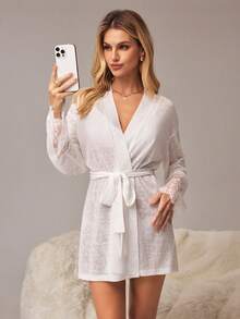 HautHeat 女士性感蕾丝拼接腰袍睡衣 - 白色 - 查看 6
