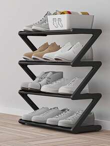 This Large Four-Layer Z-Shaped Shoe Rack Can Be Easily Assembled Without Any Tools. It Is Made Of Black Plastic And Is A Stackable Storage Rack, Suitable For Homes, Dormitories And Living Rooms. Its Space-Saving Floor-Standing Design Makes It An Ideal Choice For Shoe Storage. - Multicolor - View 2