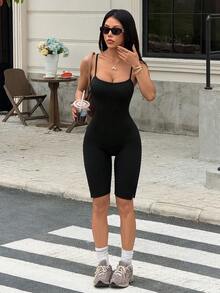 Hanevo Women's Solid Color Spaghetti Strap Sleeveless Casual Slim Jumpsuit - Black - View 3