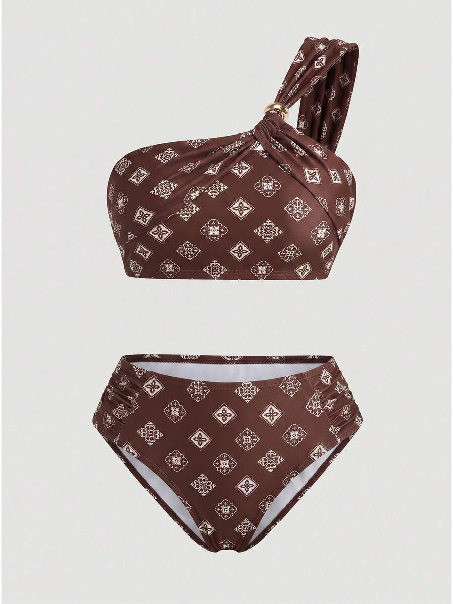 Sweetra New Plus Size Women's Green Ruched One-Shoulder Bikini Set, High Waist Ruched Triangle Bottoms Swimwear Gym Summer - Coffee Brown - View 1