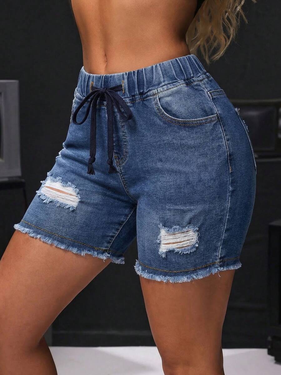 SHEIN SXY Quần short denim nữ có dây rút ở eo, túi, kiểu dáng rách gấu. - Màu xanh lam - Xem 1