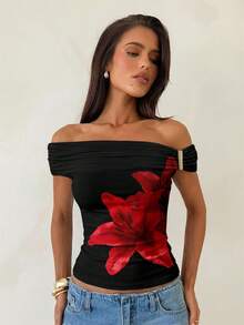 Áo thun dệt kim Aloruh vai lệch, đính kim loại, in họa tiết hoa ly gợi cảm, áo kiểu hoa đen, áo blouse in hoa, áo kiểu vintage thanh lịch, áo thun hoa mùa xuân, áo lót đen đa năng thanh lịch. - màu đen - Xem 6