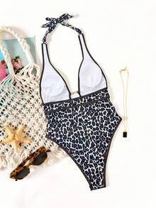 Swim Chiccia Springbreak Sexy Leopard Print Deep V Neck Halter One-Piece Swimsuit, Boho Festival - Multicolor - View 2
