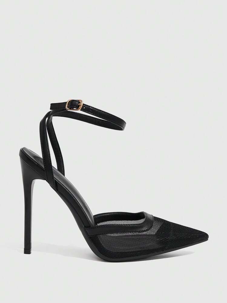 CUCCOO SZL Women Shoes Spring And Summer New Black Mesh Low Vamp Buckle High Heel Shoes Sexy Dating Wedding Bridesmaid Shoes
