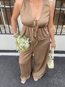 SHEIN EZwear Plus Size Women 2 Pieces Set: Solid Color Front Tie Vest And Pants, Casual - Khaki - View 8