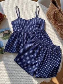 SHEIN TEENGIRL Black & White Vintage Polka Dot Two Pieces Set,Cute Summer Holiday Beach Vacation A-Line Top&Shorts,Collegiate Casual Women's Summer Outfits - Navy Blue - View 3