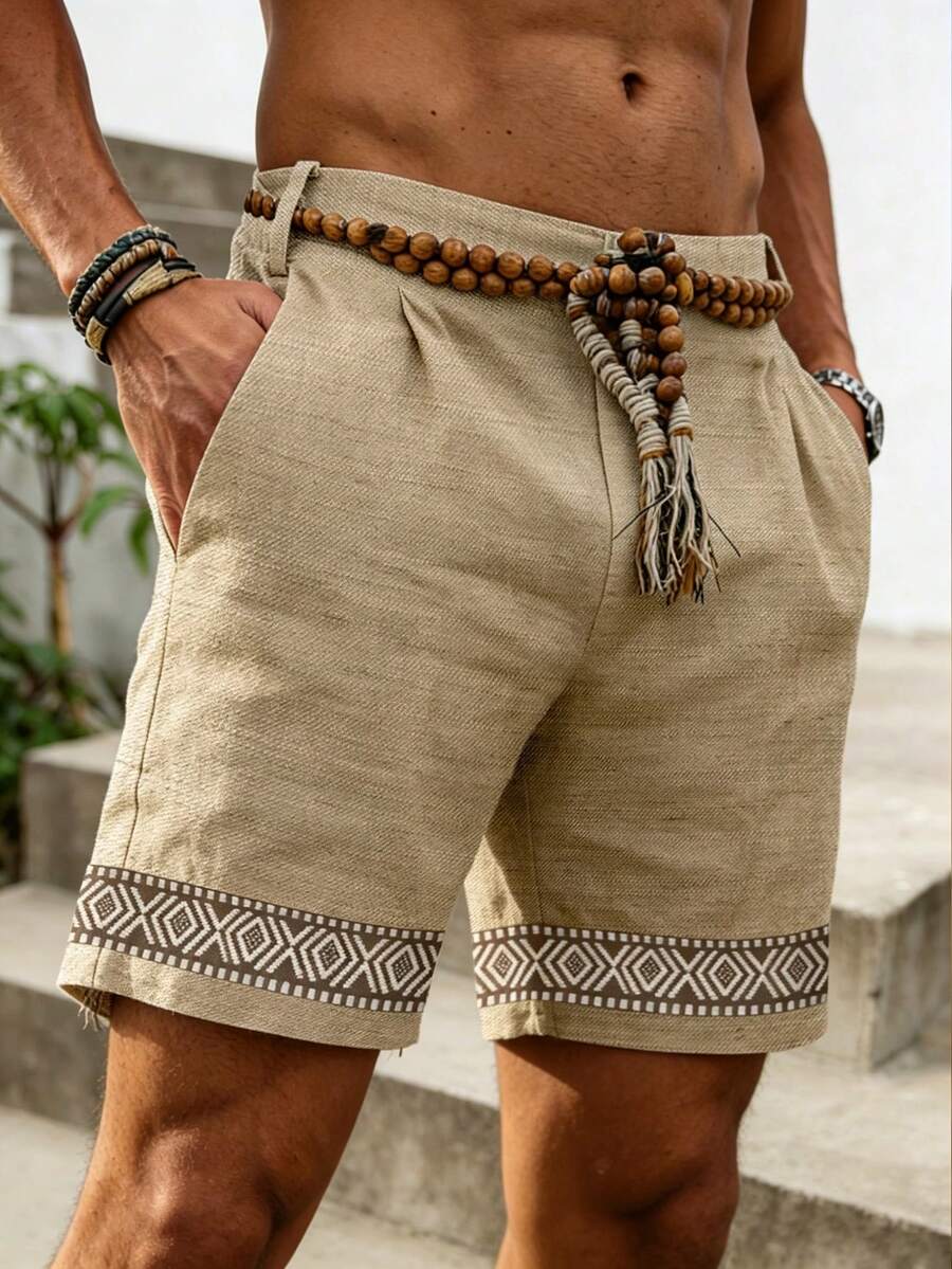 Airaco Pantalones cortos casuales de hombre con estampado geométrico de cintas - Caqui - Ver 1