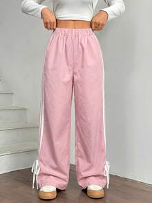 SHEIN EZwear 女士黑色侧边撞色白色织带松紧腰裤 粉色裤子 女士休闲裤 运动裤 抽绳裤 宽松裤 粉色运动裤 阔腿裤 粉色女裤 女士夏季裤 阔腿运动裤 女士运动裤 女士休闲阔腿裤 女士高腰裤 - 粉色 - 查看 6