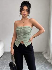 Elenzga Blusa corta con textura y volantes en el bajo asimétrico, color verde salvia, cierre delantero de botones, uso casual, diario y de verano - Verde - Ver 3