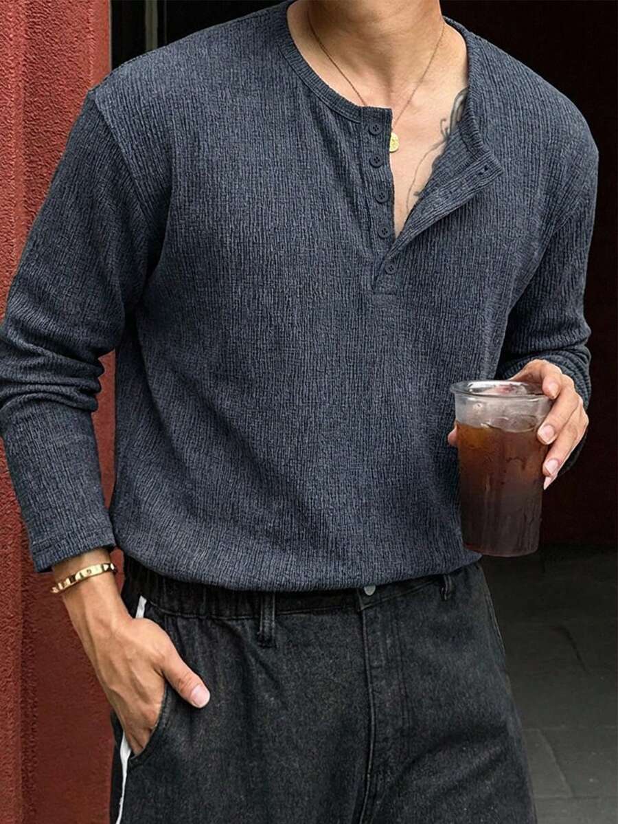 DAZY Camiseta básica de media cremallera con textura y unicolor para hombre - Azul - Ver 1