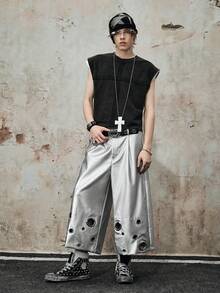 ROMWE MEN Street Life Men's Hip-Hop 7/10 Length PU Leather Shorts - Silver - View 7