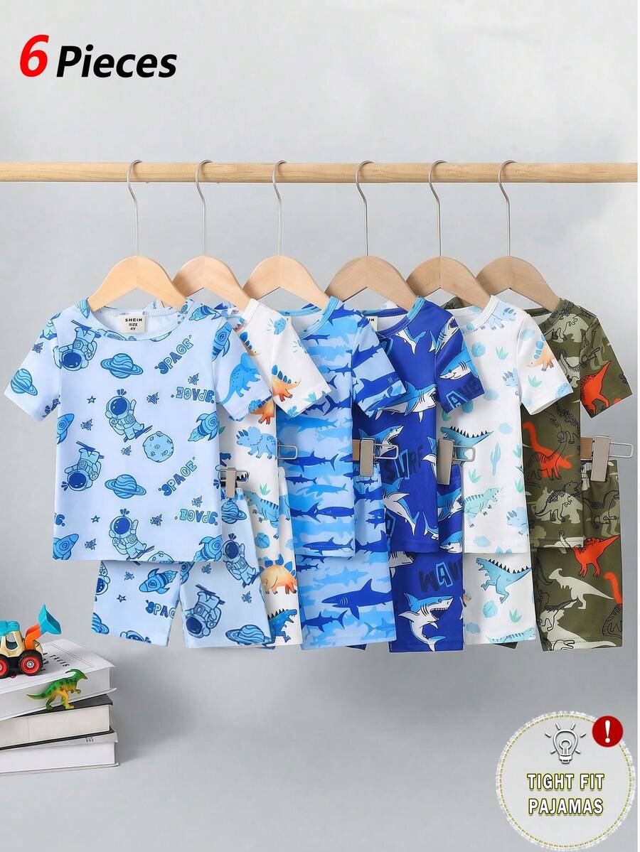 SHEIN GraphicGems Bộ đồ ngủ 3 món cho bé trai sơ sinh và trẻ nhỏ, in hình phi hành gia, khủng long, cá mập, chất liệu vải thun co giãn, thoải mái, cổ tròn, tay ngắn, ôm sát người, gồm cổ áo và quần đùi. - Nhiều màu - Xem 1