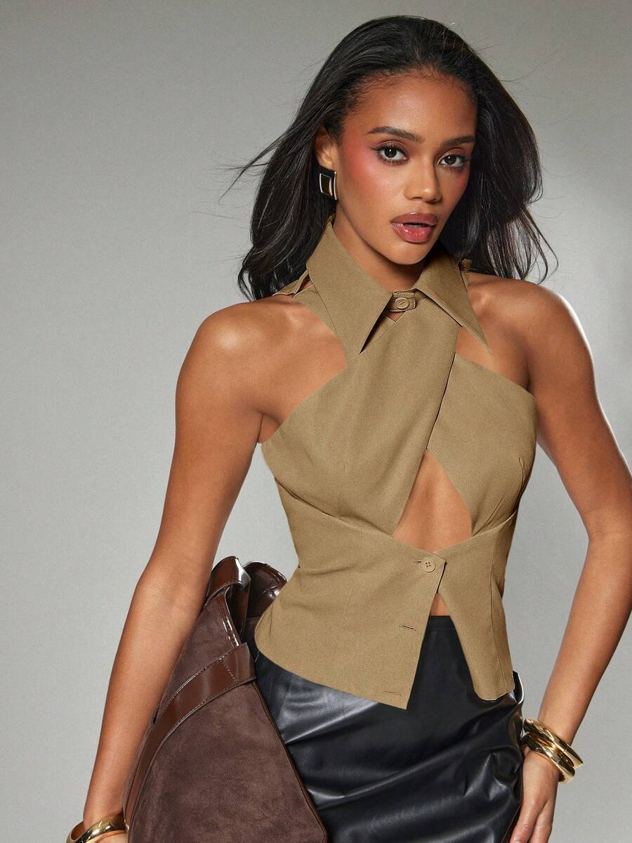 Hauture Women's Sexy Casual Office Criss-Cross Halter Neck Blazer Vest Top - Khaki - View 1