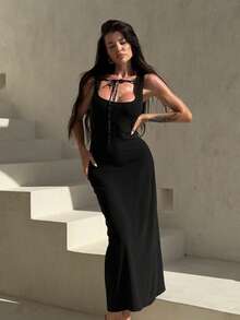 Livesso Robe ajustée à col carré sans manches avec laçage noir pour femmes, robes d'été pour femmes - Noir - Voir 5