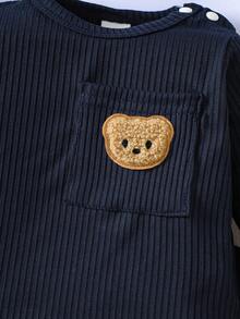 Newborn Baby Boy Basic Outfit, Textured Fabric Bear Pattern Top With Pocket Design - Royal Blue - View 8