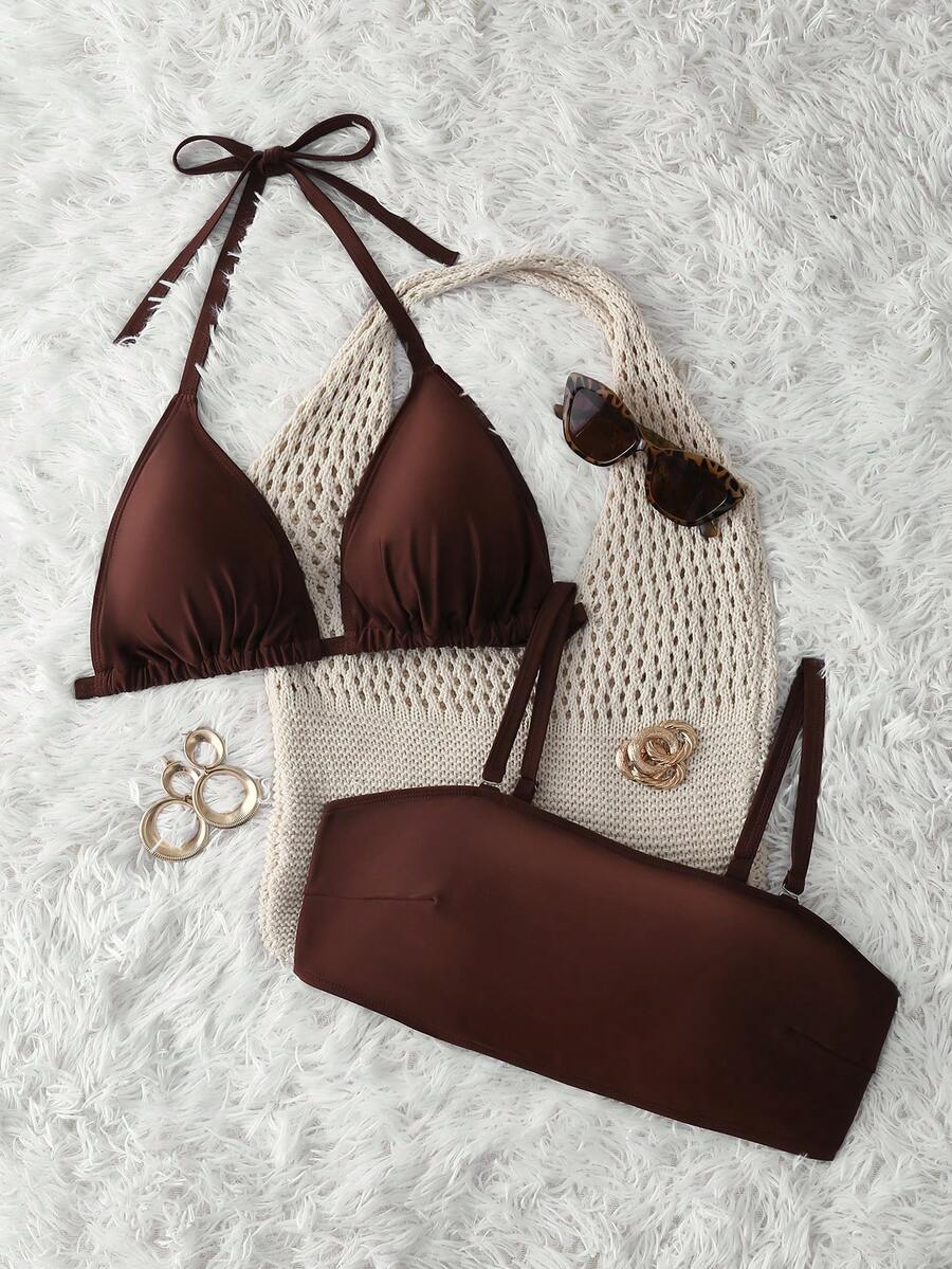 Swim Vcay Plus Size Women's Summer Beach Solid Color Spaghetti Strap Tie Bikini Top And Spaghetti Strap Bikini Top 2pcs Set - Red - View 1