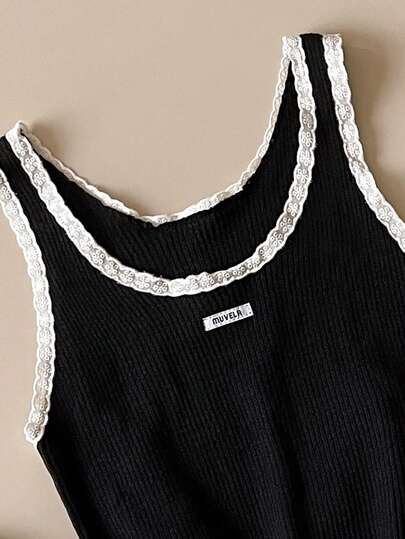 Muvela Women's Solid Color Knit Top With Contrast Lace Trim, Versatile For Spring/Summer - Vintage Academic Style, Y2K, Office, Formal, Elegant Urban Commute, Casual, Romantic, 90s Retro, Party Dress, Versatile Basic, Suitable For Various Occasions Such As Graduation Ceremony, Brunch, Airport, Social Events, Parties, Concerts, Stage Performances
