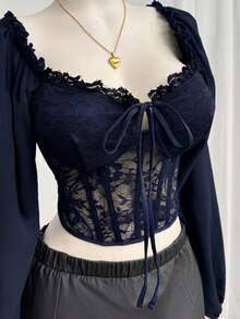 Comfortcana Plus Size Women's Lantern Sleeve Lace Patchwork Square Collar Padded Shoulder Blouse, Romantic Date Party Essential, Navy Blue - Navy Blue - View 3