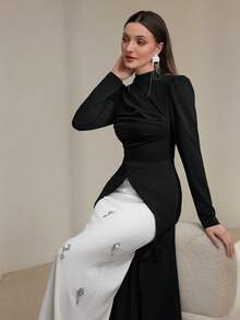 Modelyn 女士优雅撞色高开衩镶钻长款晚礼服 - 黑與白 - 查看 5