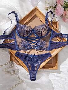SHEIN 2pcs Royal Blue Sheer Embroidered Lingerie Set  Summer Wedding Guest - Blue - View 6