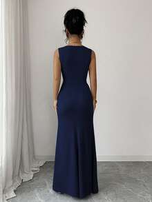 xheSHEIN Elenzya Vestido elegante y romántico para damas, con cuello cuadrado sin mangas, decoración de perlas en la cintura, plisado, abertura, ajustado, ligero, para fiesta y cóctel, con bajo de cola de sirenaxhe - Azul marino - Ver 6