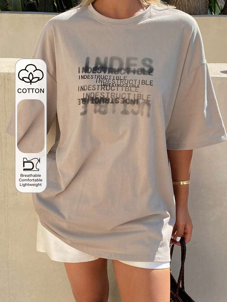 Vintage Letter Print Loose Short Sleeve Round Neck Casual Street Style Summer Top T-Shirt For Women