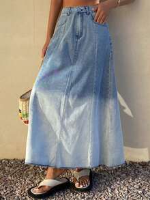 DAZY Faded Gradient Western Cowgirl A-Line Long Casual Vacation Denim Skirt For Women, Spring/Summer - Blue - View 8