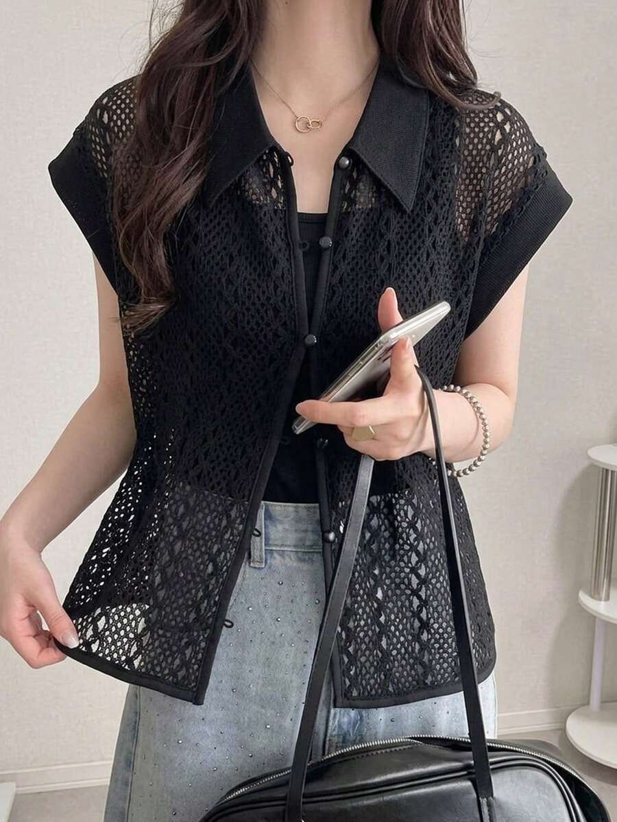 FRIFUL 女士蕾丝刺绣宽松开衫衬衫 夏季 - 黑色 - 查看 1