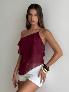 Aloruh Áo kiểu voan hồng lệch vai hở lưng xếp tầng bồng bềnh, thích hợp cho mùa Xuân/Hè, thanh lịch, lãng mạn, hẹn hò đêm Valentine, mùa cưới, trang phục dự tiệc cưới, áo sơ mi hồng thanh lịch lãng mạn. - Màu Đỏ Sâu - Xem 3