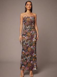 Silquee 女士优雅褶皱下摆串珠刺绣无肩带连衣裙 - 彩色 - 查看 3