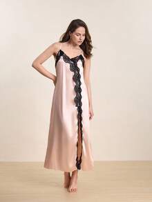 Hourtrue 1 pieza Camisón de mujer de seda de hielo con tirantes finos, ropa de dormir sexy con ribete de encaje de seda sintética, primavera/verano - Champán - Ver 7