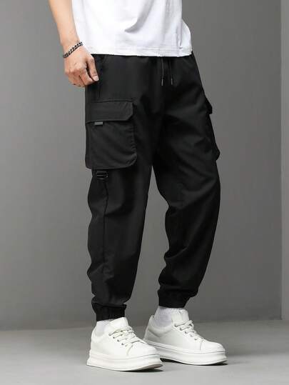 Manfinity Homme Men's Casual Fashion Street Drawstring Waist Flap Pocket Cuffed Cargo Pants, Suitable For Daily Commute