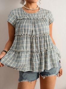 Freevana 大码女式夏季休闲度假格子印花层叠荷叶边娃娃衫 - 藍色 - 查看 1