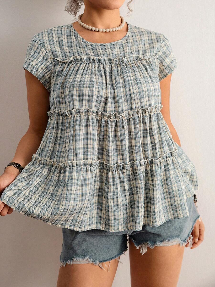 Freevana 大码女式夏季休闲度假格子印花层叠荷叶边娃娃衫 - 藍色 - 查看 1