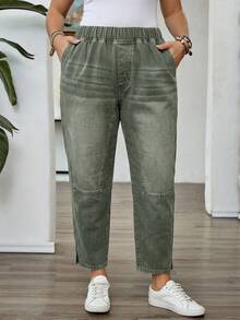 Mature Denim Quần jeans ống côn cạp chun, dáng suông, cỡ lớn, phong cách thường ngày, đã giặt, kiểu dáng thường ngày. - màu xanh lá - Xem 6
