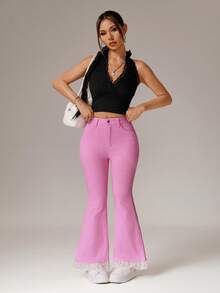 SHEIN PETITE Women's Solid Color Minimalist Sexy Everyday Jeans,Petite Women Swimming White Summer - Pink - View 6
