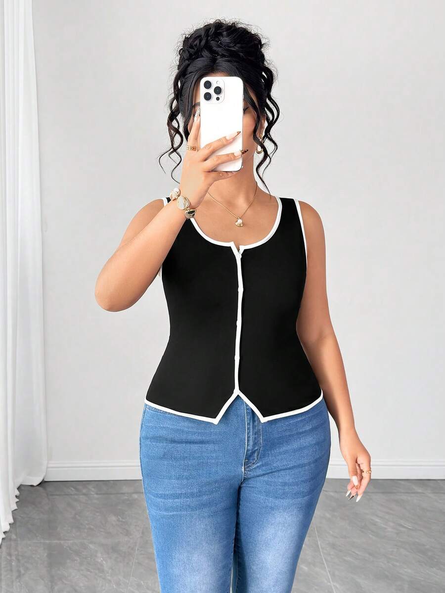 Elenzga Elegant Eleganza Commute Vacation Style Casual Loose Camisole Tank Top Comfortable Fabric Versatile Plus Size Spring Summer Autumn Date Night Black - Black - View 1