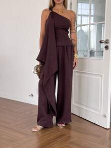DAZY Women's Solid Color Minimalist Daily Wear Off-Shoulder Top And Pants 2-Piece Set, Spring/Summer - Coffee Brown - View 7