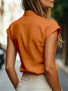 EMERY ROSE Women's Solid Color Minimalist Short Sleeve Shirt, Casual Wear - Orange - View 2