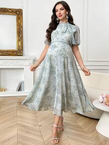 SHEIN 夏季孕妇优雅印花花瓣袖连衣裙 - 彩色 - 查看 4